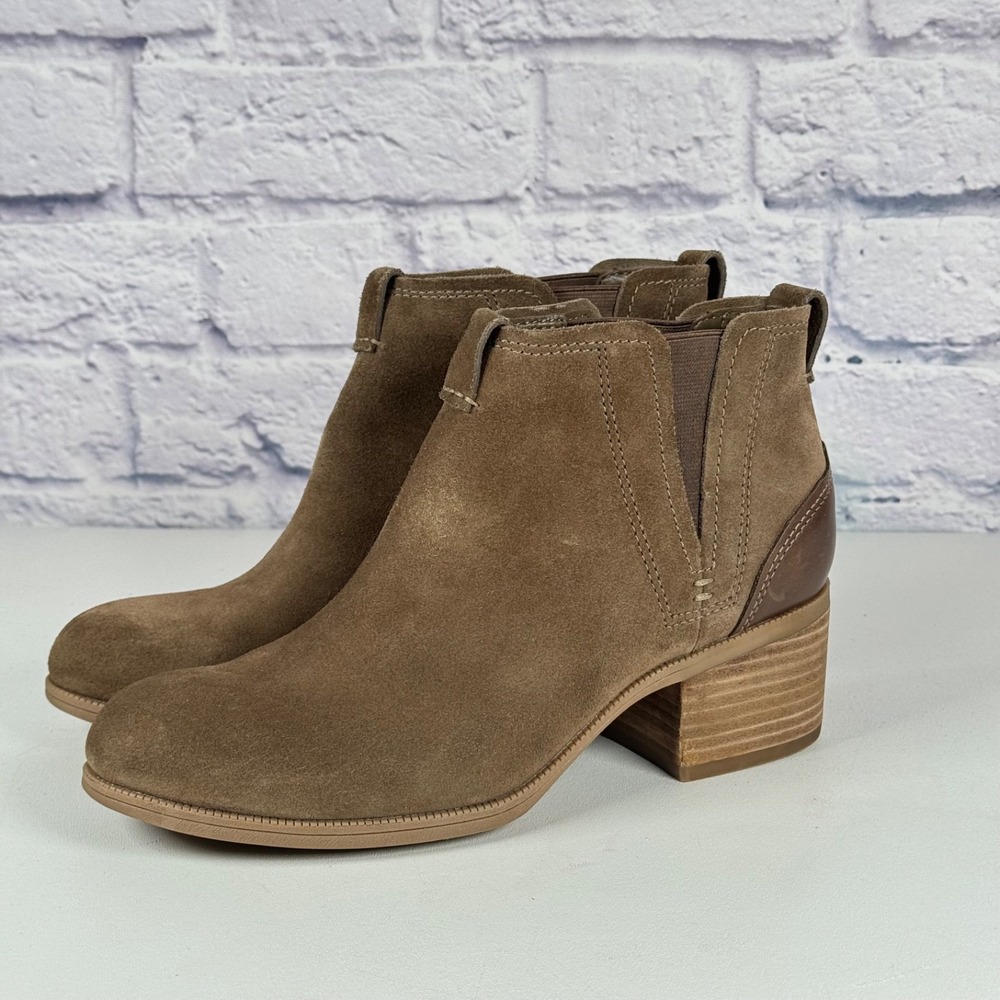 Clarks Maypearl Daisy Ankle Boots Booties Womens 10 Tan Suede Leather Block Heel - Picture 3 of 11